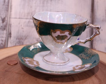 Vintage Lusterware Tea Cup Saucer and matching plate, Gold and Green, As Is