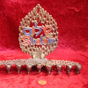 Chanukah Menorah Small Israel Mid Century Bronze Oil Lamps, Shalom, HBH Holon Israel