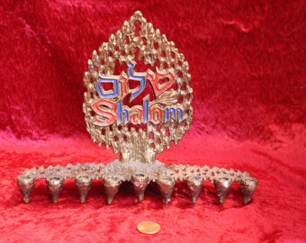 Chanukah Menorah Small Israel Mid Century Bronze Oil Lamps, Shalom, HBH Holon Israel