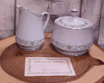 Vintage Mikasa Leaf and Flower Pattern Creamer and Sugar Bowl, Made in Japan, Original Box and Paperwork!