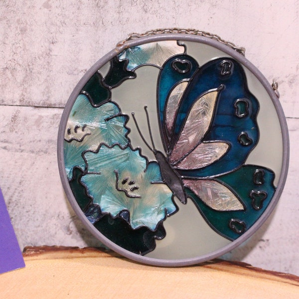 Vintage Joan Baker Designs Suncatcher with Butterfly and flowers, Painted Glass Art, Window Decor, Farmhouse Decor, Cottage Decor