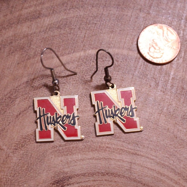 Vintage Gold tone Nebraska Huskers Football Dangle Earrings, Enamel, Beautiful Colors, Amico, Cornhuskers