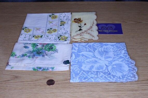 Beautiful Vintage Flowered Handkerchiefs, Four, B… - image 2