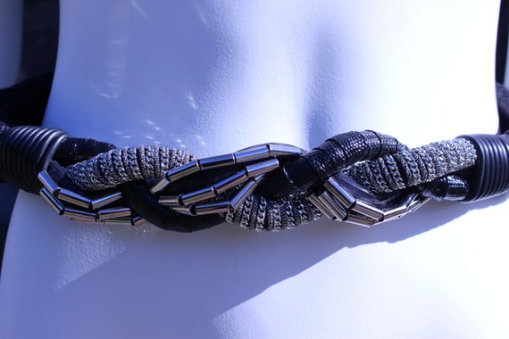 Unique Vintage Black and Silver Braided Belt by R J Graziano, As Is