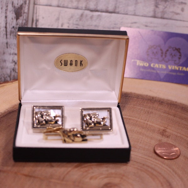 Vintage Swank Cuff Links and Tie Clip Bird mens set unusual mens gift tuxedo Wedding Suit Accessory, MOP