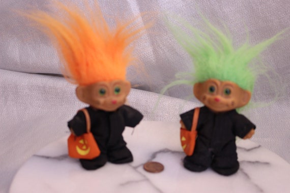 Vintage Set Of Two Halloween Troll Dolls Green And Orange Hair Etsy