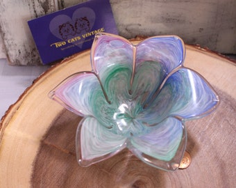 Beautiful Hand Blown Glass Flower Bowl Multiple bright Colors, Stunning