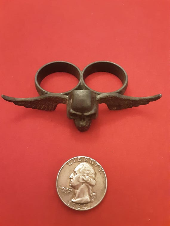 Vintage Skull Wing Steel Ring, Size 9.5 - image 2