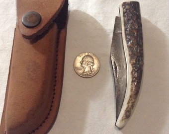 Damascus Steel Hunting Knife, Stag Handle, Leather Sheath