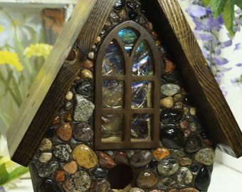 Solar Lighted Stone Lake Superior Stone Bird house,   Songbird Bird, Mosiac Birdhouse, Great Gift for Mom & DadFREE Shipping