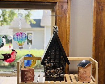 Solar Lighted Lake Superior stone church bluebird house, Great gift FREE Shipping