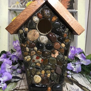 Pudding stone and Petoskey Stone accent  Bluebird Birdhouse, Lake Superior Stones  Handmade in Michigan,  Great gift for mom & dad