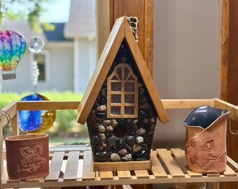 Solar Lighted Lake Superior stone chalet bluebird house, Great gift FREE Shipping