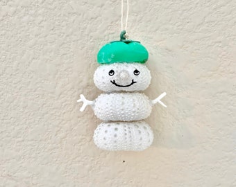 Sea Urchin Snowman Christmas Ornament, Upcycled Tomato Hat, Beach Trash Art