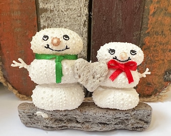 Sea Urchin Snowmen Couple Ornament, Coral & Driftwood