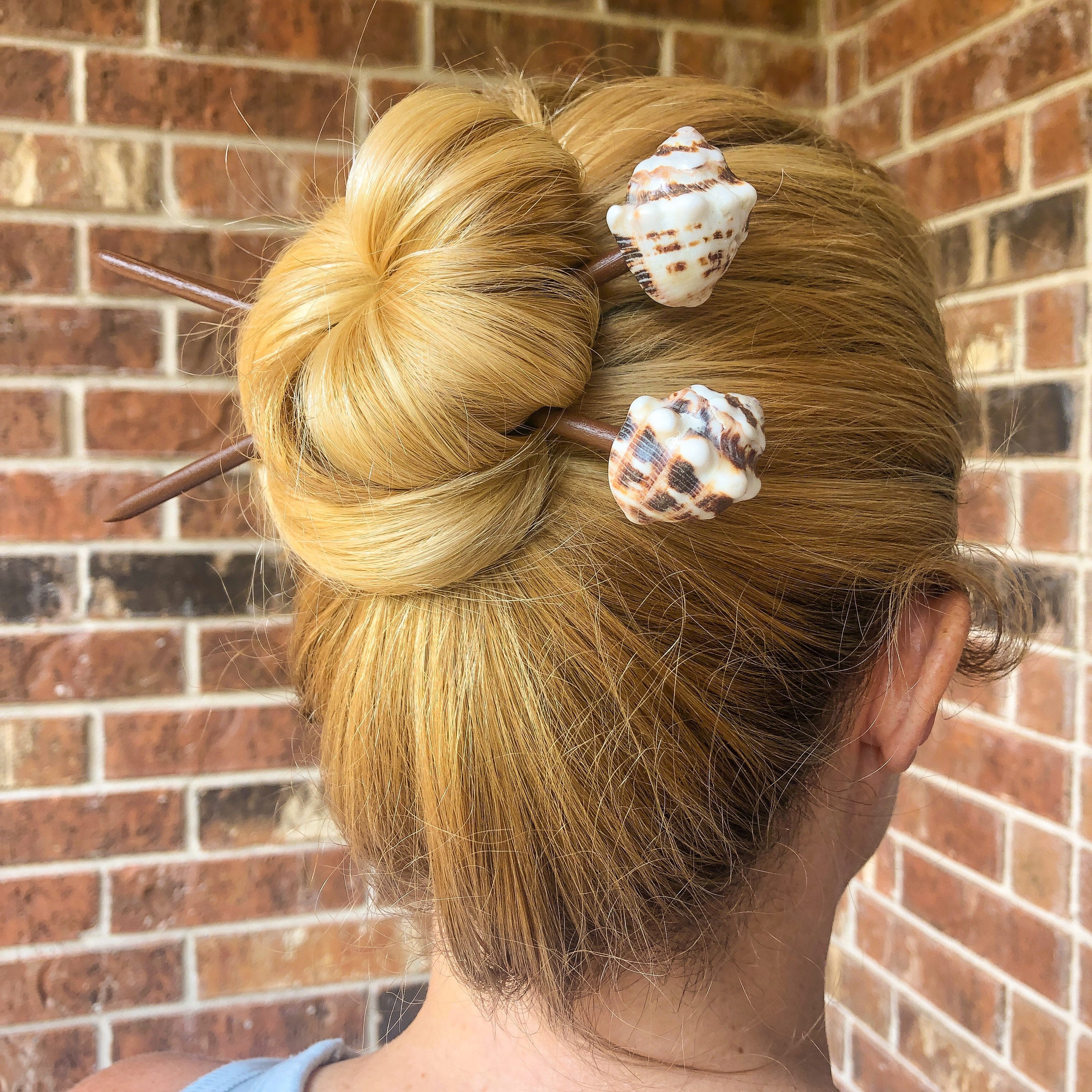 Seashell Hair Sticks, Caribbean Shell Bun Holder, Brown Wood, Set of 2 ...