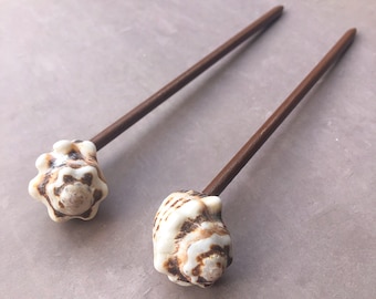Seashell Hair Sticks, Caribbean Shell Bun Holder, Brown Wood, Set of 2