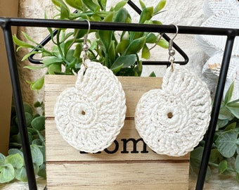 Crochet Shell Earrings, White Woven Dangles