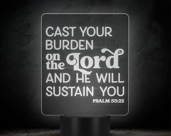 Bible Verse LED Night Light, Psalm 55:22, Cast Your Burden on the Lord, Scripture Verse, Christian Gift