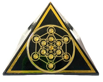 8-Sided Orgone Pyramid :  Brass Metatrons Cube with Golden Rutile and Citrine Cabs and Gold Foil Tetrahedron Details