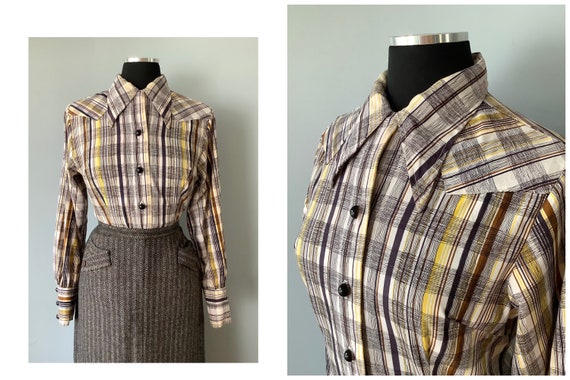 1940s Vintage Plaid Cotton Blouse