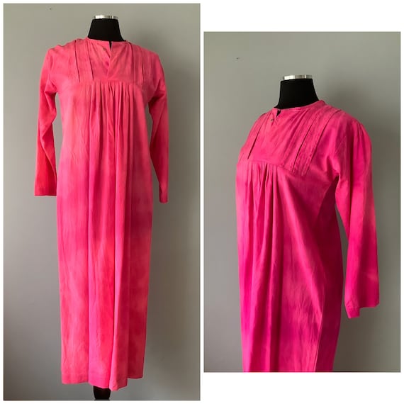 1970s Tie Dye Electric Pink Linen Caftan