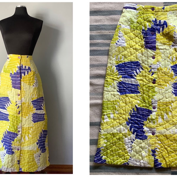 1960s Vintage Quilted Yellow Psychedelic Print Skirt