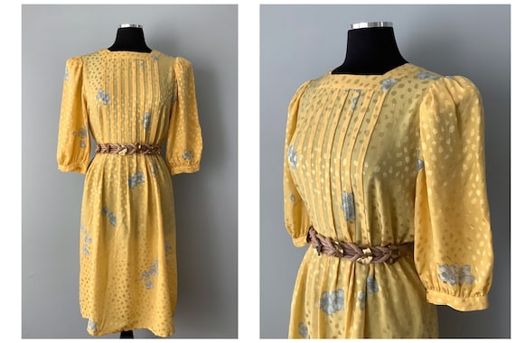 1980s Vintage Yellow Silk Floral Dress