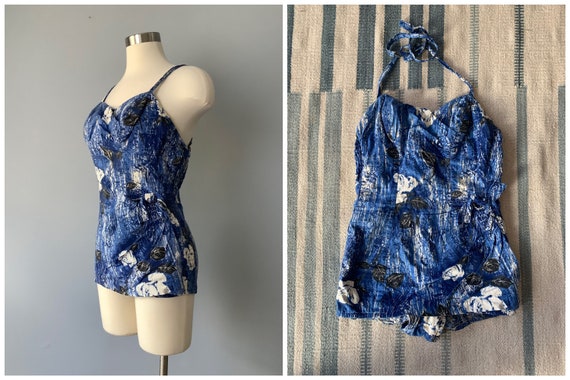 1950s Vintage Catalina Blue Cotton Floral Swimsuit