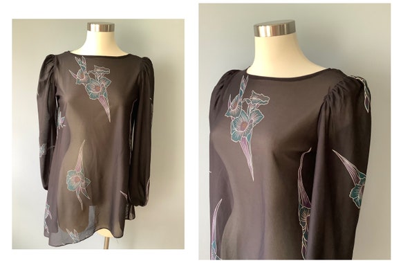 1970s Vintage Sheer Black Floral Long Sleeve Asymm