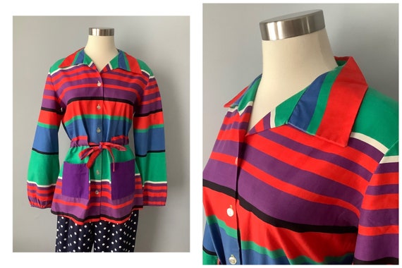 1970s Vintage Rainbow Stripe Tie Waist Cotton Tuni