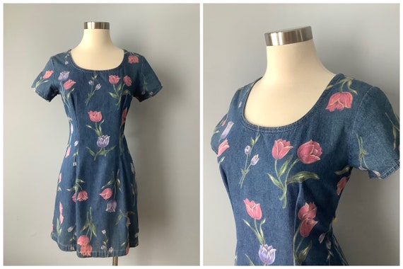 1980s Vintage Tulip Print Denim Mini Dress