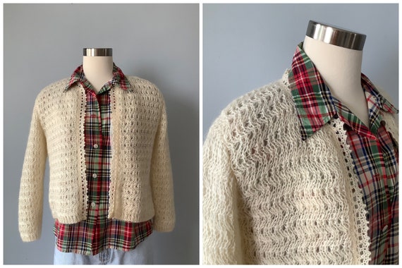 1960s Vintage Cream Lined Mohair Cardigan Sweater