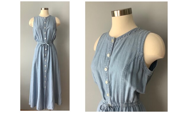 1990s Vintage Liz Wear Light Chambray Tie Waist Te