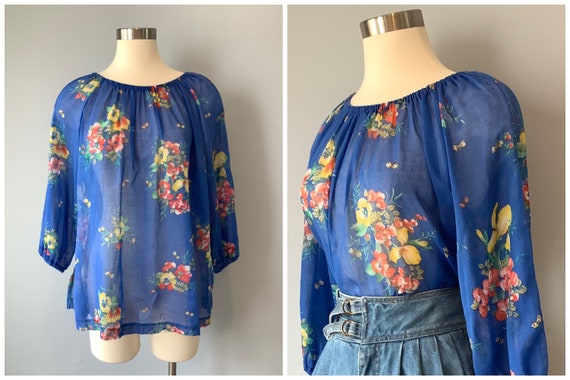 1970s Vintage Blue Cotton Voile Bird and Butterfly
