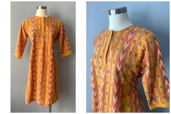 1960s Vintage Yellow and Orange Handwoven Ikat Cot