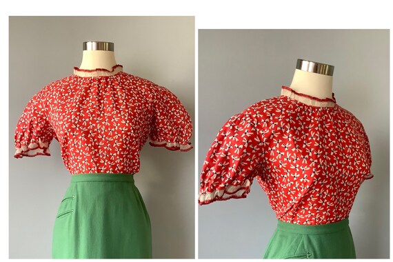 30s | 40s Vintage Novelty Print Cotton Blouse
