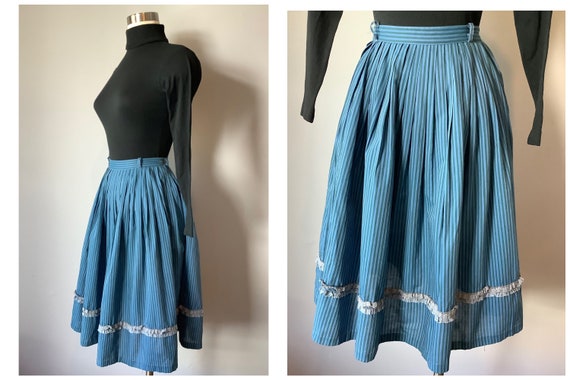 1950s Vintage Striped Cotton Skirt with Lace Trim