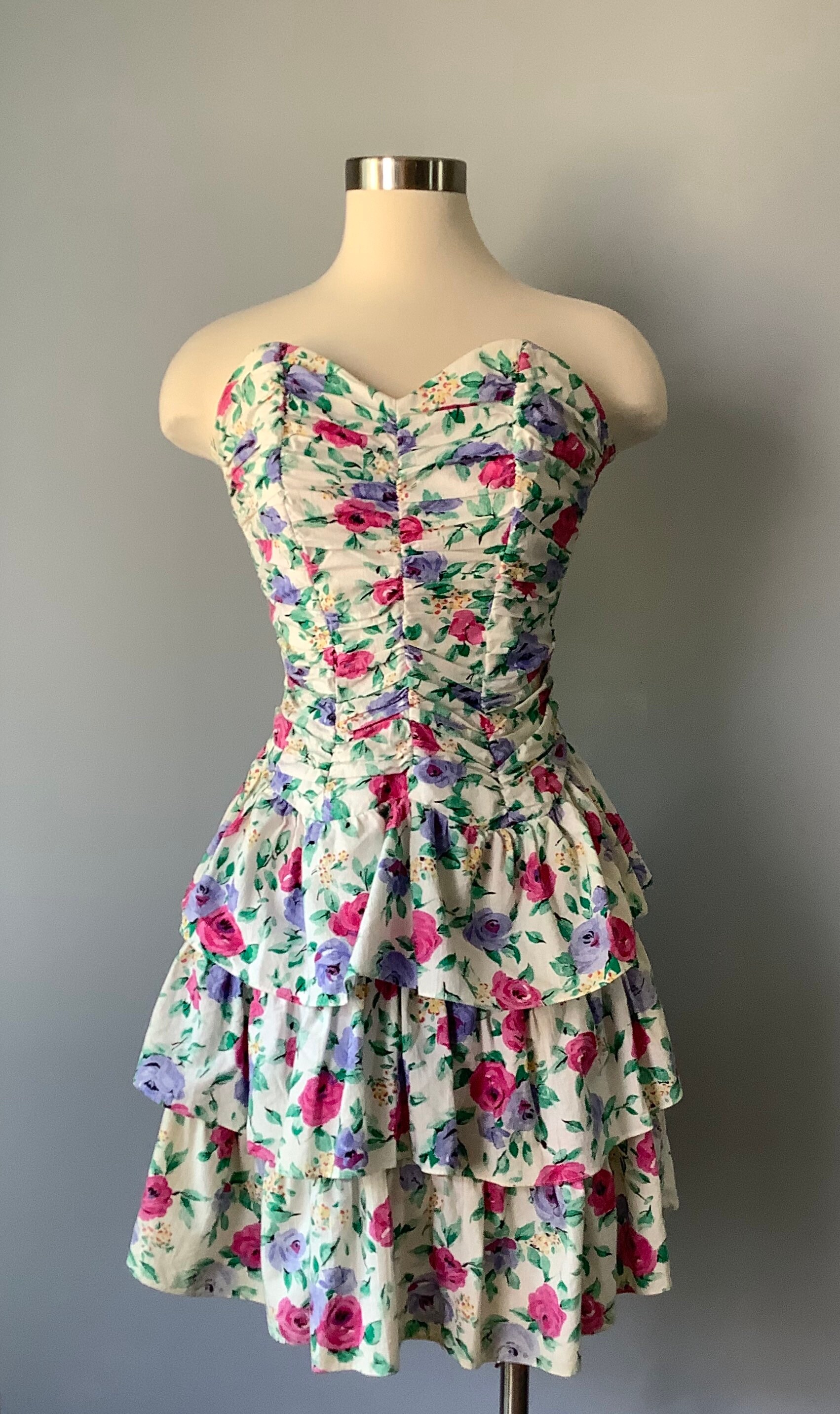 1980s Vintage Strapless Floral Cotton Tiered Ruffle Dress | Etsy