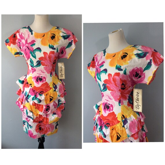1980s Deadstock Cotton Floral Ruffle Peplum Dress