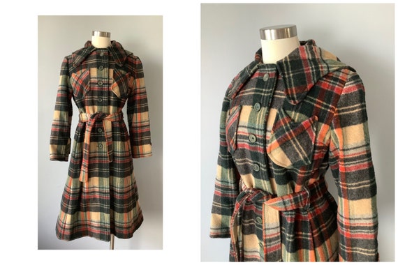 1970s Vintage Plaid Wool Hooded Princess Coat