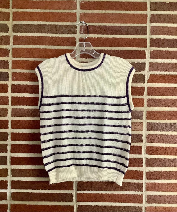 1980s Vintage Cream Sweater Vest with Purple Stripes | Small Medium