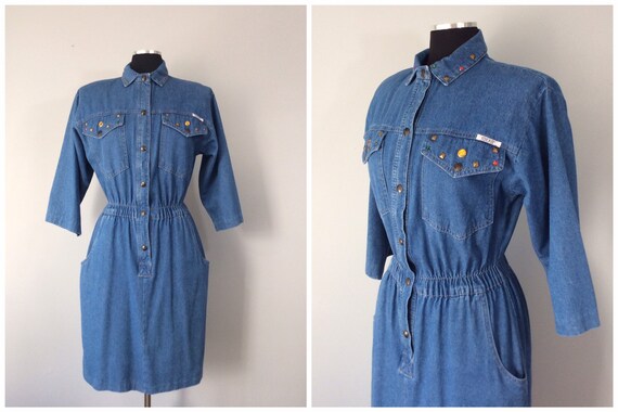 1980s Vintage Ideas Studded Denim Shirt Dress