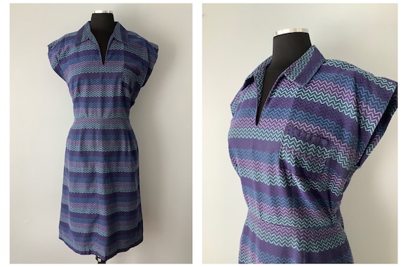 1940s Vintage Rayon Zig Zag Stripe Day Dress | 194