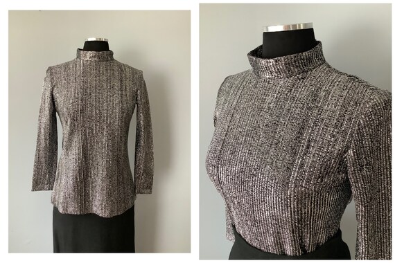 1960s Vintage Sparkly Silver Mock Neck Blouse