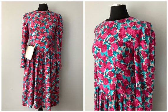 1980s Vintage Rose Print Drop Waist Long Sleeve Dr