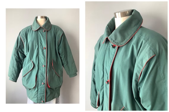 1980s Vintage Gunmetal Green and Red Puffer Coat