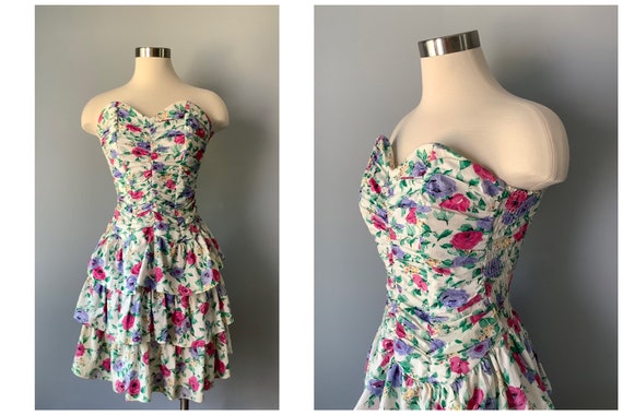1980s Vintage Strapless Floral Cotton Tiered Ruffl