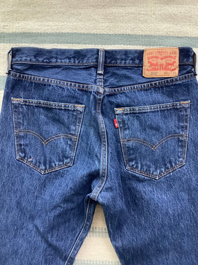 1980s Vintage 32\u201d x 30\u201d Levi\u2019s 501 Red Tab Button Fly Straight Leg Medium Wash Cotton Denim Jeans
