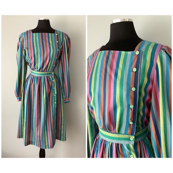 1980s Vintage Rainbow Stripe Long Sleeve Dress